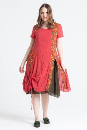 لباس قرمز زنانه بافتنی پنبه (نخی) رگولار آستین-کوتاه بیسیک کد 681424765