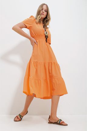 لباس نارنجی زنانه بافتنی پنبه - پلی استر رگولار بند دار بیسیک کد 805490423