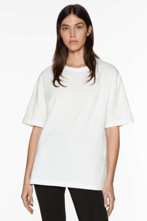 تی شرت سفید زنانه ریلکس یقه گرد پنبه (نخی) کد 804467847