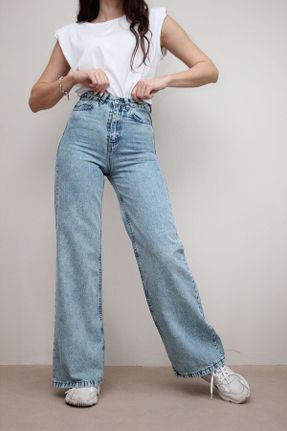 شلوار جین سرمه ای زنانه پاچه گشاد فاق بلند جین کد 805354077