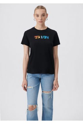 تی شرت مشکی زنانه رگولار یقه گرد پنبه (نخی) تکی کد 641620127