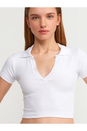 تی شرت سفید زنانه Fitted یقه هفت پنبه (نخی) کد 236403653