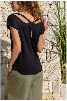 تی شرت مشکی زنانه رگولار یقه گشاد پنبه (نخی) تکی جوان کد 805491979