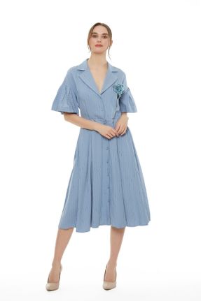 لباس مجلسی آبی زنانه آستین کوتاه رگولار یقه پیراهنی آستر دار کد 145387082