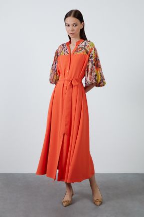 لباس نارنجی زنانه بافتنی پلی استر اورسایز آستین سه ربع کد 800086449