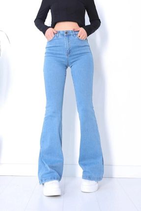 شلوار جین آبی زنانه پاچه اسپانیولی فاق بلند جین ساده استاندارد کد 739932880