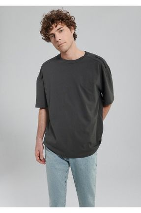 تی شرت طوسی مردانه ریلکس یقه گرد پنبه (نخی) تکی کد 802015065