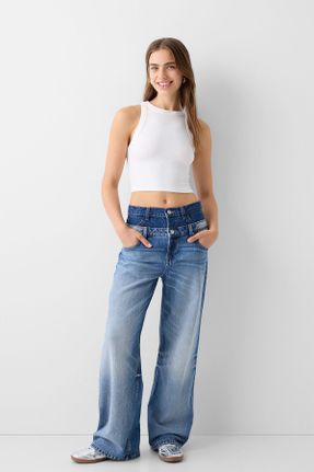 شلوار جین سرمه ای زنانه پاچه رگولار پنبه (نخی) استاندارد کد 805748903
