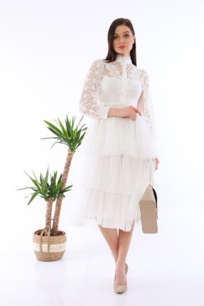 لباس سفید زنانه بافتنی تور آستین-بلند کد 805570414