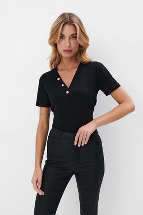 تیشرت مشکی زنانه اسلیم فیت MAG FASHİON - کد 801926052