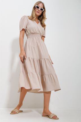 لباس بژ زنانه بافتنی پنبه - پلی استر رگولار بند دار بیسیک کد 805490422