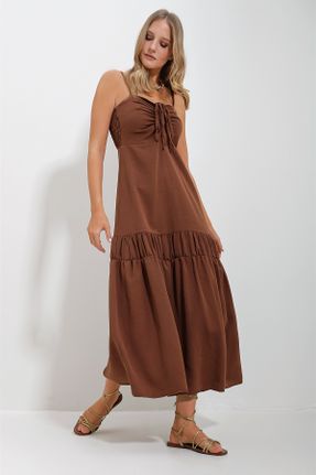 لباس قهوه ای زنانه بافتنی پلی استر رگولار بند دار کد 805490363