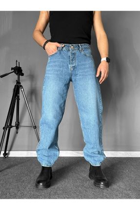 شلوار آبی مردانه جین پاچه لوله ای فاق بلند باگی فیت کد 805117879
