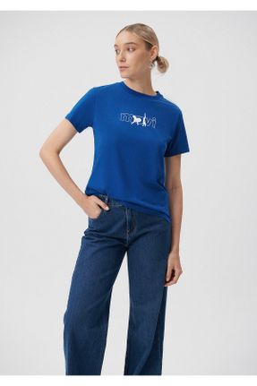 تی شرت آبی زنانه رگولار یقه گرد پنبه (نخی) تکی بیسیک کد 641620253