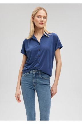 تی شرت آبی زنانه یقه پیراهنی مخلوط پلی استر رگولار تکی کد 660179054