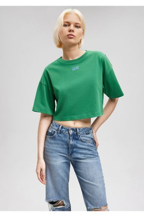 تی شرت سبز زنانه کراپ یقه گرد پنبه (نخی) تکی بیسیک کد 669542141