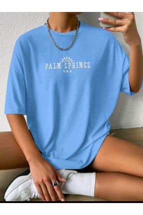 تی شرت آبی زنانه اورسایز یقه گرد پارچه ای تکی کد 805592528