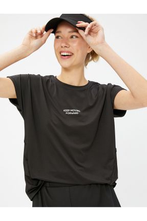 تی شرت مشکی زنانه ریلکس یقه گرد تکی کد 710980028