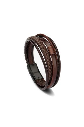 دستبند جواهر قهوه ای مردانه چرم طبیعی کد 639552382