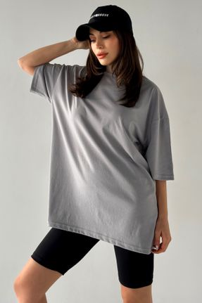 تی شرت طوسی زنانه رگولار یقه گرد پنبه - پلی استر تکی کد 806543829