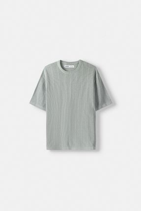 تی شرت فیروزه ای مردانه ریلکس یقه دگاژه پنبه (نخی) کد 806011365