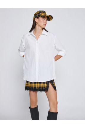 پیراهن سفید زنانه اورسایز یقه پیراهنی پوپلین کد 364636236