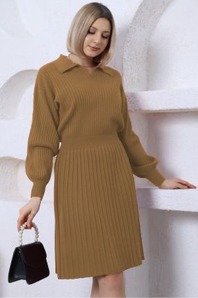 لباس قهوه ای زنانه تریکو اکریلیک رگولار آستین-بلند کد 806279407