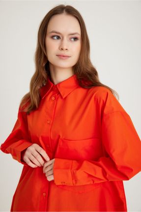 پیراهن نارنجی زنانه رگولار یقه پیراهنی پنبه - پلی استر کد 806474968