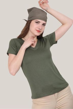 تی شرت خاکی زنانه اسلیم فیت یقه هفت پلی ویسکون تکی کد 806814281