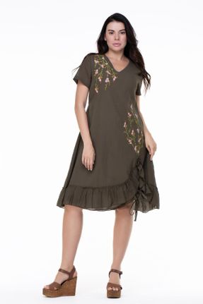 لباس خاکی زنانه بافتنی پنبه (نخی) رگولار آستین-کوتاه بیسیک کد 770321086