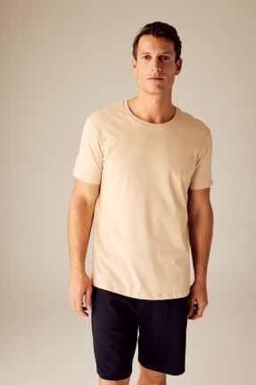 تی شرت بژ مردانه رگولار یقه گرد پنبه (نخی) تکی کد 683344992