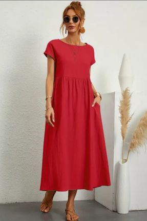 لباس قرمز زنانه بافتنی پنبه - پلی استر راحت آستین-کوتاه کد 806691261