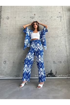کیمونو آبی زنانه مخلوط کتان بافت طرح دار بلند کد 807133026