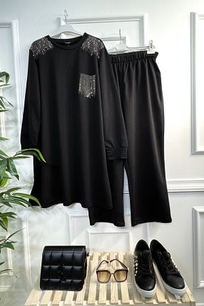 ست بالاتنه و پائین تنه سایز بزرگ مشکی زنانه فاق نرمال Aşkı Endam - کد 807278536