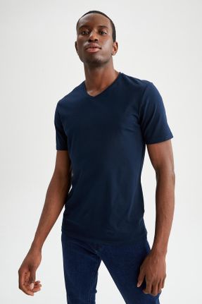 تی شرت سرمه ای مردانه اسلیم فیت یقه گرد پنبه (نخی) تکی بیسیک کد 269889956