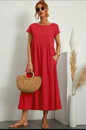 لباس قرمز زنانه بافتنی پنبه - پلی استر راحت آستین-کوتاه کد 806691261