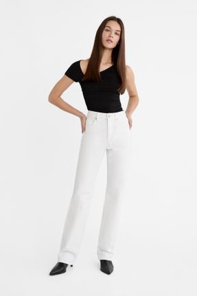 شلوار جین سفید زنانه فاق بلند پنبه (نخی) کد 807127477