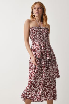 لباس قهوه ای زنانه بافتنی پلی استر طرح گلدار رگولار بند دار بیسیک کد 807490075