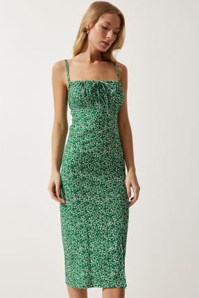 لباس سبز زنانه بافتنی مخلوط پلی استر طرح گلدار Fitted بند دار کد 807196457