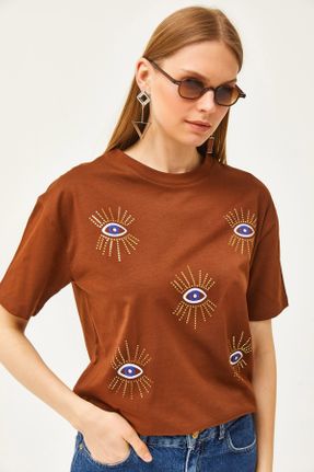 تی شرت سرمه ای زنانه رگولار یقه گرد پنبه - پلی استر تکی بیسیک کد 807844597