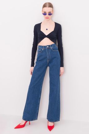شلوار جین آبی زنانه پاچه راحت سوپر فاق بلند جین ساده کد 807758203