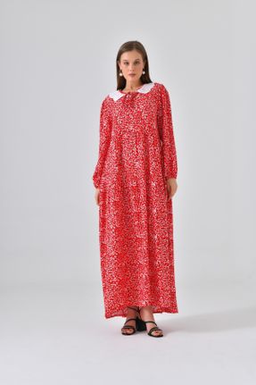 لباس قرمز زنانه بافتنی ویسکون طرح گلدار رگولار آستین-بلند کد 807768909