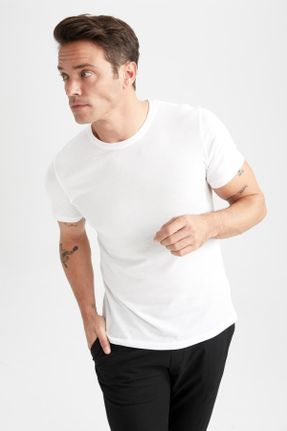 تی شرت سفید مردانه یقه گرد پنبه (نخی) اسلیم فیت تکی کد 747834028
