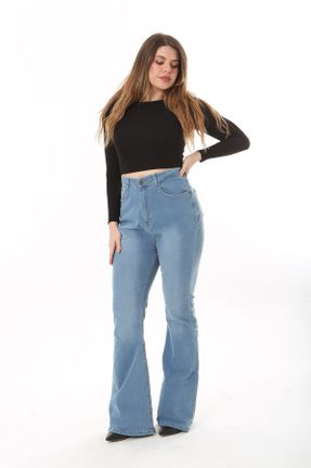 شلوار جین سایز بزرگ آبی زنانه پاچه گشاد فاق بلند بلند جین کد 806784209
