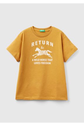تی شرت زرد بچه گانه رگولار یقه گرد تکی کد 808013346