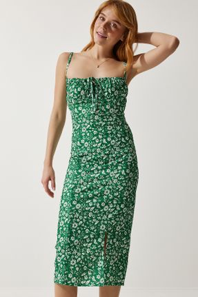 لباس سبز زنانه بافتنی مخلوط پلی استر طرح گلدار Fitted بند دار کد 807196469