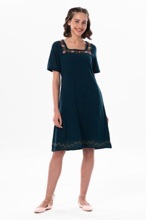 لباس آبی زنانه بافتنی رگولار آستین-کوتاه بیسیک کد 807686142