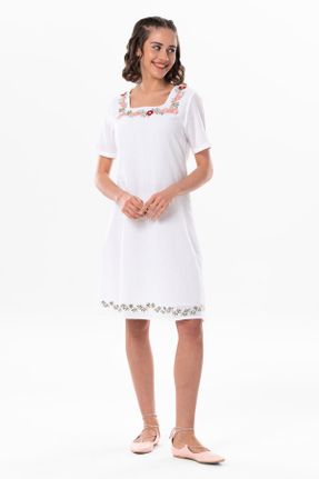 لباس سفید زنانه بافتنی رگولار آستین-کوتاه بیسیک کد 807685743