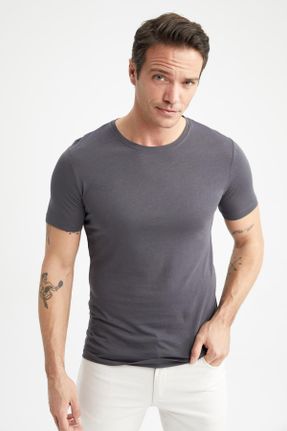 تی شرت طوسی مردانه یقه گرد اسلیم فیت پنبه (نخی) تکی کد 471366961
