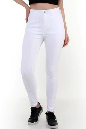شلوار جین سفید زنانه پاچه تنگ فاق بلند اسلیم بلند کد 807502579